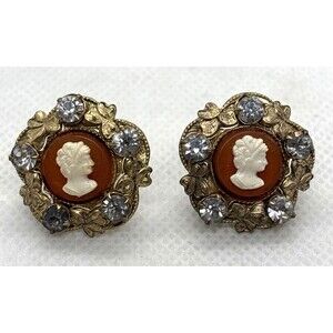 Vintage Cameo Rhinestone Gold Tone Pierced Earrings‎ Clover Art Nouveau Style